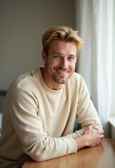 Fototapeta premium Handsome Man with Blond Hair: Realistic Side Portrait of Smiling Slavic Man with Green Eyes; Standing at Table in Bright Cozy Room, Soft Beige Sweater, Looking at Camera