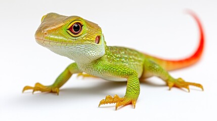 Fototapeta premium Colorful Green Lizard with Red Tail Posing on White Background Captured in Studio Lighting