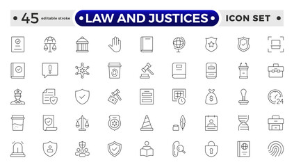 law and Justices icon set such as thin line divorce, protection law, diplopy, law enforcement, firm, police badge, services icons for report, and presentation. Editable stroke outline icon.   