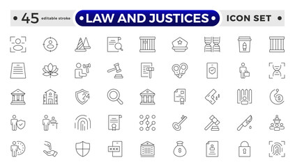 law and Justices icon set such as thin line divorce, protection law, diplopy, law enforcement, firm, police badge, services icons for report, and presentation. Editable stroke outline icon.   