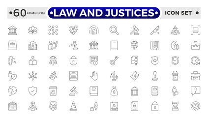 law and Justices icon set such as thin line divorce, protection law, diplopy, law enforcement, firm, police badge, services icons for report, and presentation. Editable stroke outline icon.   