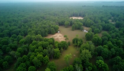 Fototapeta premium Aerial view of an expansive forest clearing with a small building and a gazebo in the foreground, surrounded by dense woods and under a partly cloudy sky