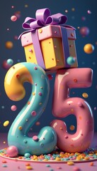 A whimsical scene featuring vibrant 3D numbers 25 in pastel colors, crowned by a cheerful gift box adorned with a bright ribbon. This festive image radiates joy and celebration, perfect for marking