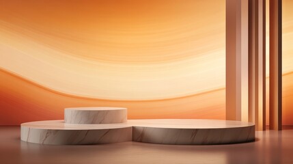 Modern minimalist stage design with curved marble platforms and warm orange gradient background