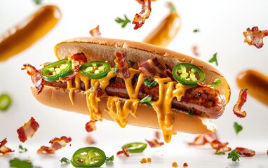 A juicy sausage mid-air with a creamy cheddar cheese sauce splash, surrounded by floating jalapeÃ?o slices and crispy bacon bits, on a bright white backdrop