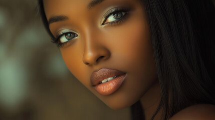 This close-up portrait features an African American woman with flawless caramel skin and a luminous, natural complexion. Her almond-shaped blue eyes shine with intensity, and her lips are glossed,