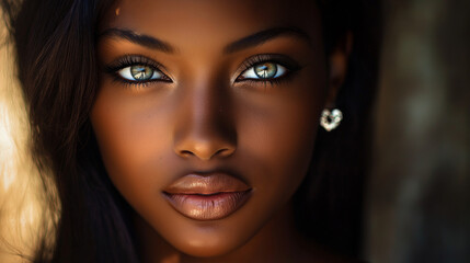 A stunning portrait of an African American woman with flawless caramel skin and a radiant complexion. Her expressive almond-shaped eyes are a captivating blue, 
