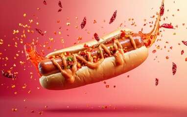 A crispy hot dog flying with a spicy sriracha-mayo splash, surrounded by floating chili flakes, on a gradient pink-to-red background