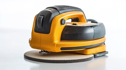A close-up of a power sander with sanding pads on a white isolated background