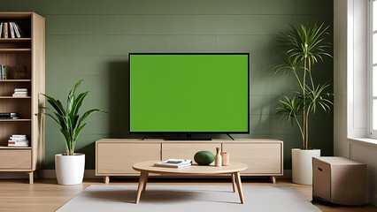 Modern 3D rendered living room with TV, sofa, and stylish furniture in a luxury apartment