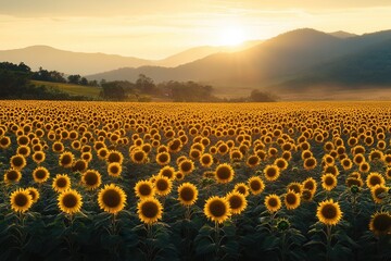 Obraz premium Sunlit Sunflower Field At Sunset With Rolling Hills