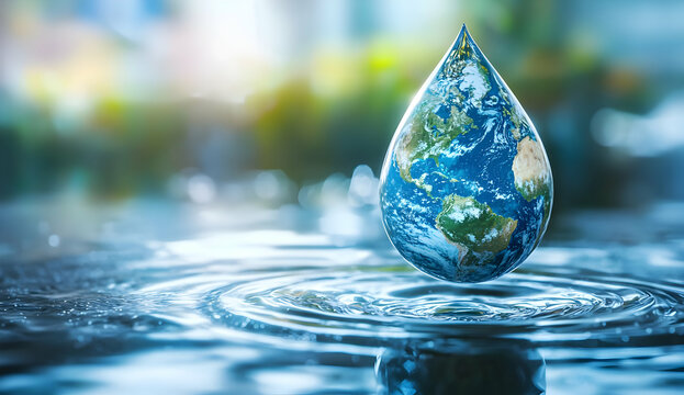 Earth inside a water drop floating on rippling water surface