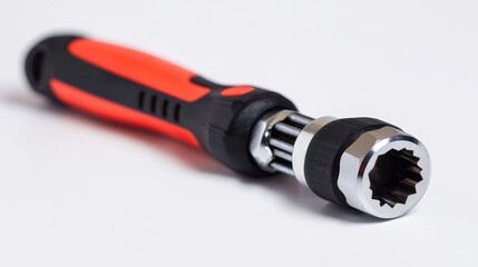 A close-up of a power wrench with a set of sockets on a white isolated background