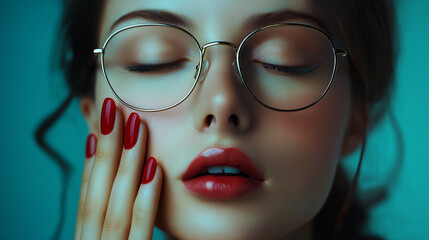 A beautiful 20-year-old woman with a serious expression, wearing glasses and a classic women's pantsuit that flatters her slim figure. 