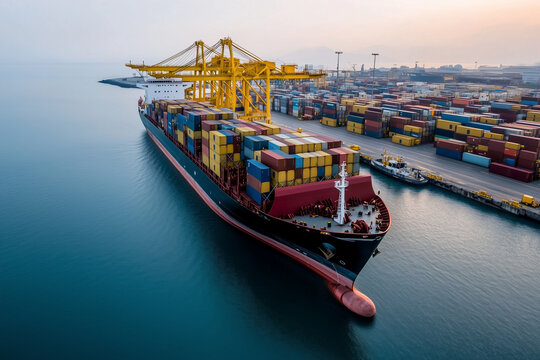 Aerial view of cargo ship at the port with plenty of container box, Selective focus massive cargo ship with container box in international trade habor.