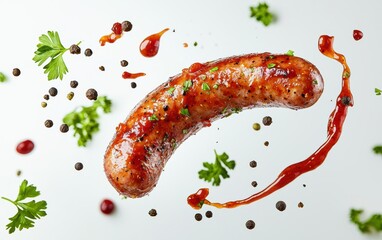 A crispy pork sausage flying through a tangy tomato-based barbecue sauce wave, surrounded by floating black pepper and parsley, on a clean white backdrop