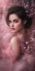 A stunning woman with dark hair and brown eyes is dressed in a dress made entirely of Daphne flowers. She stands in a winter landscape, surrounded by pink mist that emanates the flowers’ lovely scent.