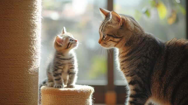 A tender moment between a tabby mother cat and her adorable kitten looking at each other