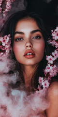 A beautiful woman with dark hair and brown eyes wears an elegant dress made of Daphne flowers. She stands in a blooming winter wonderland, surrounded by soft pink smoke, symbolizing the flowers' sweet