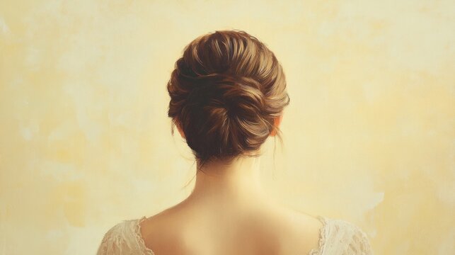 Woman's elegant updo hairstyle, rear view, against textured wall