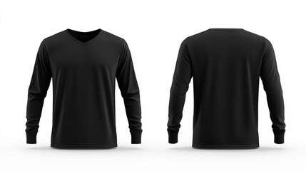 A blank template of a V-neck long sleeve T-shirt shown from the front and back. The design is minimalistic and clean, with no logos or patterns, set against a plain white background. 