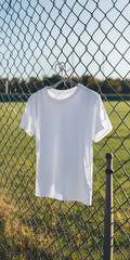 A blank mockup of an oversized white t-shirt designed for a graduation mom, standing straight with a softball bat hanging on the fence. The scene is set on a softball field with high-resolution