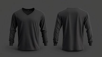 A blank template of a V-neck long sleeve gray T-shirt shown from the front and back. The design features a neutral and versatile look with no logos or patterns, set against a plain white background. 