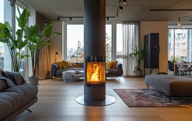 A freestanding cylindrical bio fireplace in a contemporary open-space apartment