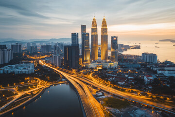 Fototapeta premium Cityscape view with long exposure traffic in the dusk, Landscape view city with plenty of tall building at night, Nightlife city with skyscraper.