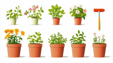 Obraz premium A set of flowerpots with blooming plants and a garden spade on a white isolated background