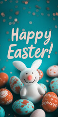 A bold and vibrant composition centered around the phrase "Happy Easter!" in large, eye-catching lettering. The text features a playful and colorful text effect, bringing attention to the festive mood