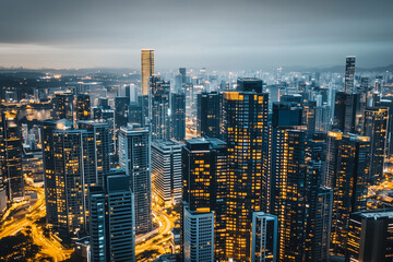 Obraz premium Cityscape view with long exposure traffic in the dusk, Landscape view city with plenty of tall building at night, Nightlife city with skyscraper.