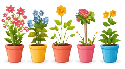 Obraz premium A set of flowerpots with blooming plants and a garden spade on a white isolated background