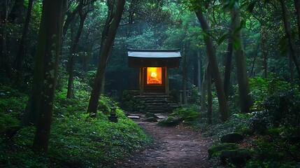 A serene view of a forest trail leading to a glowing spiritual shrine