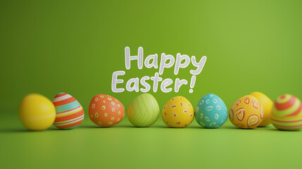 A clean and crisp design featuring bold, uppercase lettering of the phrase "Happy Easter!" The text is in a playful, modern font, with colorful gradients and soft shadows, all against a solid greenscr