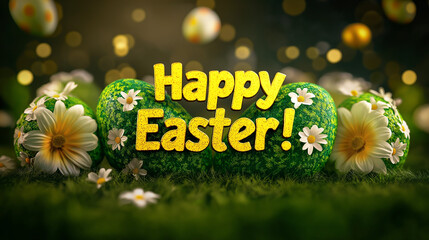 A festive "Happy Easter!" message in bold, eye-catching lettering, featuring a cheerful, colorful gradient effect. The text is centered on a solid greenscreen background, isolated for use in various 