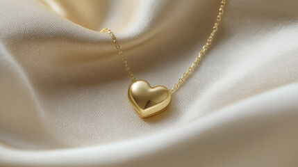 A close-up shot of a delicate gold heart pendant necklace resting gracefully on soft cream-colored fabric, highlighting its elegance and charm with subtle light reflections on the gold surface.
