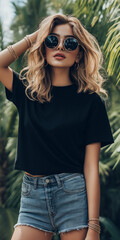 A confident woman with voluminous, wavy blonde hair, wearing a black t-shirt tucked into distressed denim shorts. She accessorizes with gold bracelets, rings, and a dainty necklace, wearing chic round