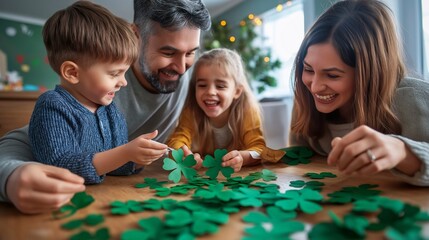 A cheerful family with children crafting St. Patrick's Day decorations together, cutting green paper clovers for a festive garland. A moment of creativity, bonding, and holiday joy.