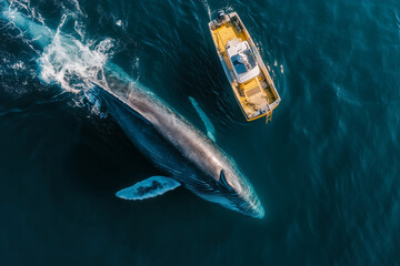 Obraz premium Boat tour with massive blue whale under the water, Selective focus whale in the ocean, Aerial view of boat tour in the sea to see the aquatic creature.