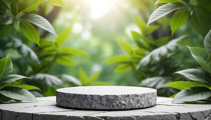 Rounded stone podium for display product with blurry background of forest