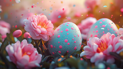 A stunning image of Easter eggs with pink and turquoise specks, delicately arranged among vibrant spring flowers, captured in a minimalist style. 