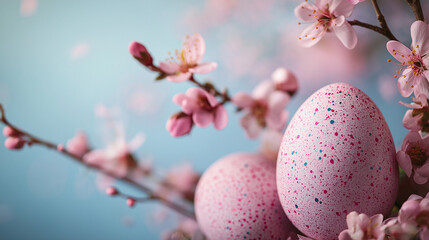 A beautiful arrangement of Easter eggs with pink and turquoise specks, surrounded by pastel spring flowers, captured in hyper-realistic detail. The minimalist design, clean backdrop, and professional 