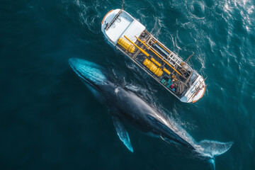 Fototapeta premium Boat tour with massive blue whale under the water, Selective focus whale in the ocean, Aerial view of boat tour in the sea to see the aquatic creature.