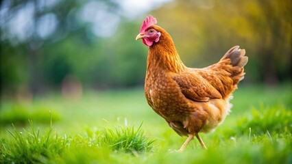 Minimalist Brown Hen on Blurred Green Grass - Stock Photo
