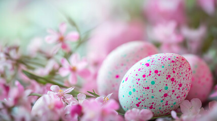 A close-up of Easter eggs with pink and turquoise specks resting among delicate spring flowers, all captured with sharp focus and high detail in a minimalist style.