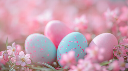 Easter eggs with pink and turquoise specks are elegantly arranged, surrounded by vibrant spring flowers. The minimalist style, high resolution, and sharp focus create a professional,