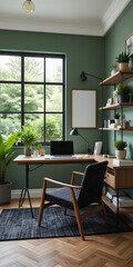Mockup frame in cozy home office interior with green accent wall and mid-century modern decor.