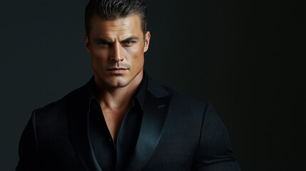 A handsome and muscular adult man in a black suit, exuding a formidable and serious look. His ideal facial features and commanding presence suggest a boss or a romance novel hero, 
