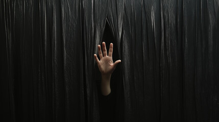 A highly realistic analog-style portrait of an arm emerging from behind black curtains, with fingers straight in the air. The shot is wide, capturing the dramatic contrast between the dark curtains an